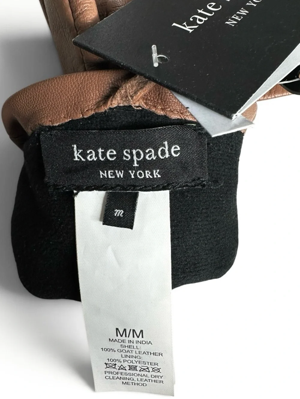 Kate Spade New York Women’s Cognac Goat Leather Gloves Gold Spade Logo Sz M NWT
